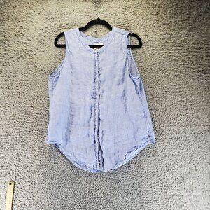 Christian Siriano Top Womens Large Blue 100% Linen Sleeveless Button-Down